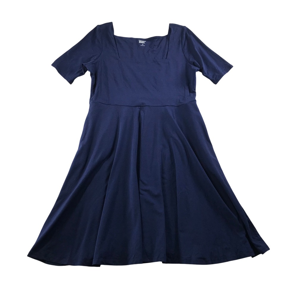 Lands End Fit and Flare Dress Navy Square Neck Short Sleeve Petite Large 14-16